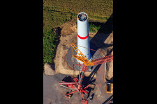 Repowering Wind Farm Minfeld. JUWI replaces four old turbines (GE 1.5) from 2004 with two new, modern Vestas V162 turbines, each with six megawatts. in Minfeld in the state Rhineland-Palatinate, Germany viewn from the air