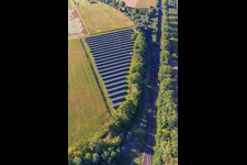 Aerial view of Photovoltaic system on arable land in Winden in the state Rhineland-Palatinate, Germany