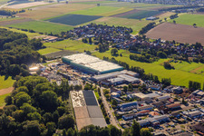 Construction site of the new logistics park of HANSAINVEST and DFI-Real-Estate Kandel after demolition of the OBI market in the district Minderslachen in Kandel in the state Rhineland-Palatinate, Germany viewn from the air