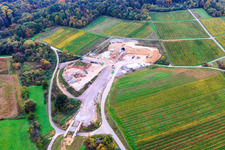 Aerial view of Construction site of the eastern tunnel portal for the Astrid Tunnel for the underpass and bypass of Bad Bergzabern between B38 (Weinstraße) and B427 (Kurtalstraße) in Dörrenbach in the state Rhineland-Palatinate, Germany