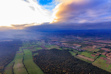 Aerial view of Clouds over the cattle track and Bienwald forest in the autumn evening light in Freckenfeld in the state Rhineland-Palatinate, Germany