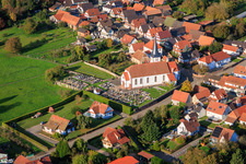 Aerial photograpy of Church and cemetery in Seebach in the state Bas-Rhin, France