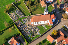 Oblique view of Church and cemetery in Seebach in the state Bas-Rhin, France