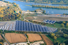 Aerial view of Car park covered with PV systems by Walon at the Rhine Terminal port in Lauterbourg in the state Bas-Rhin, France