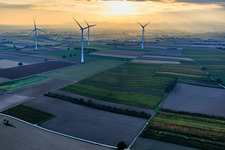 Aerial view of Wind farm Freckenfeld in the evening light from the west in Freckenfeld in the state Rhineland-Palatinate, Germany