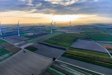 Aerial photograpy of Wind farm Freckenfeld in the evening light from the west in Freckenfeld in the state Rhineland-Palatinate, Germany