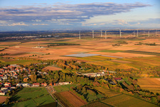 Geothermal power plant Insheim for lithium extraction by Vulcan Energy GmbH in the background Rig V20 of Vercana GmbH and the Offenbach wind farm in Insheim in the state Rhineland-Palatinate, Germany