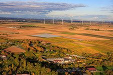 Aerial photograpy of Geothermal power plant Insheim for lithium extraction by Vulcan Energy GmbH in the background Rig V20 of Vercana GmbH and the Offenbach wind farm in Insheim in the state Rhineland-Palatinate, Germany
