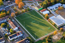 Aerial view of Football pitch and clubhouse of FSV Azzurri Landau 1982 eV in the district Queichheim in Landau in der Pfalz in the state Rhineland-Palatinate, Germany