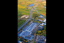 Gillet Baumarkt GmbH and the course of the B10 eastward with the Landau/Edesheim exit in Landau in der Pfalz in the state Rhineland-Palatinate, Germany
