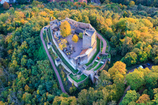 Aerial view of Landeck Castle in autumn evening in Klingenmünster in the state Rhineland-Palatinate, Germany