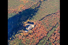 Aerial view of Neuscharfeneck castle ruins in the autumnal forest in Flemlingen in the state Rhineland-Palatinate, Germany