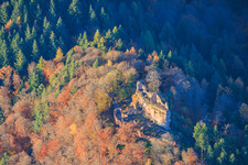 Aerial photograpy of Meisteresel Castle ruins in the autumnal forest in Ramberg in the state Rhineland-Palatinate, Germany