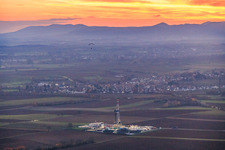 Vulcan Energy's V20 deep drilling site in the evening light at Schleidberg for the extraction of geothermal energy and lithium in Insheim in the state Rhineland-Palatinate, Germany