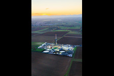 Aerial view of Vulcan Energy's V20 deep drilling site in the evening light at Schleidberg for the extraction of geothermal energy and lithium in Insheim in the state Rhineland-Palatinate, Germany