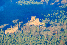Drachenfels Castle ruins in the evening light in Busenberg in the state Rhineland-Palatinate, Germany