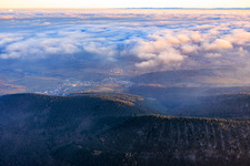 View of the town from the west, between clouds and mountains in the district Gleiszellen in Gleiszellen-Gleishorbach in the state Rhineland-Palatinate, Germany
