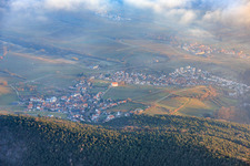 View of the town from the west with the Dionysius Chapel between clouds and mountains in the district Gleiszellen in Gleiszellen-Gleishorbach in the state Rhineland-Palatinate, Germany