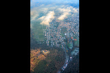 View of the town from the west with Landeck Castle in the evening light in Klingenmünster in the state Rhineland-Palatinate, Germany
