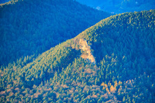Aerial view of Rötzenfels sandstone climbing rocks in the Palatinate Forest in the district Gossersweiler in Gossersweiler-Stein in the state Rhineland-Palatinate, Germany