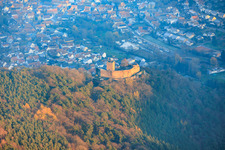 Aerial view of View of the town from the west with Landeck Castle in the evening light in Klingenmünster in the state Rhineland-Palatinate, Germany