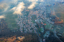 Oblique view of View of the town from the west with Landeck Castle in the evening light in Klingenmünster in the state Rhineland-Palatinate, Germany