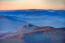 Trifels Castle in the evening - in the foreground the castle ruins of Anebos and Münz in Klingenmünster in the state Rhineland-Palatinate, Germany