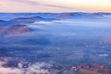 Aerial view of Low clouds over the wine route in Eschbach in the state Rhineland-Palatinate, Germany
