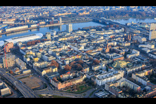 Aerial view of City overview from the west to the Rhine and the Konrad Adenauer Bridge in the district Mitte in Ludwigshafen am Rhein in the state Rhineland-Palatinate, Germany