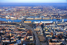 Route of the still to be demolished elevated highway North (B44) past the partially demolished former Ludwigshafen town hall in the former town hall center, across the Kurt-Schuhmacher-Bridge over the Rhine to Mannheim in the district Hemshof in Ludwigshafen am Rhein in the state Rhineland-Palatinate, Germany