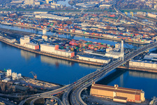 Promontory between the Rhine and Mühlauhafen under the Kurt-Schuhmacher-Bridge in the district Innenstadt in Mannheim in the state Baden-Wuerttemberg, Germany