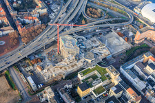 Drone recording of Partially demolished former Ludwigshafen town hall in the former town hall center on the still-to-be-demolished elevated highway (B44) in the district Mitte in Ludwigshafen am Rhein in the state Rhineland-Palatinate, Germany
