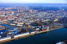 Aerial view of City view from the west between the Rhine and Neckar rivers in the district Innenstadt in Mannheim in the state Baden-Wuerttemberg, Germany