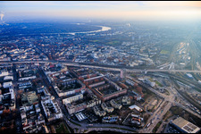 Pylon bridge and construction site for the renovation of the elevated highway Süd (B37) over the main train station from the north in the district Süd in Ludwigshafen am Rhein in the state Rhineland-Palatinate, Germany