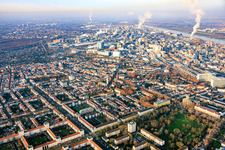 District overview including Alwin-Mittasch-Park in the district Friesenheim in Ludwigshafen am Rhein in the state Rhineland-Palatinate, Germany