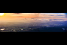 Sunset over winter fog at the Haardt Mountains in the district Speyerdorf in Neustadt an der Weinstraße in the state Rhineland-Palatinate, Germany