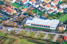 Aerial view of Christmas market at the Fuchsbachhalle in Zeiskam in the state Rhineland-Palatinate, Germany