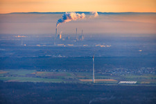 Rhine port steam power plant Karlsruhe seen from Offenbach on a foggy winter evening in the district Daxlanden in Karlsruhe in the state Baden-Wuerttemberg, Germany