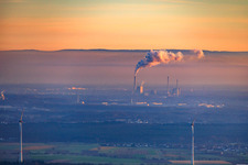 Aerial view of Rhine port steam power plant Karlsruhe seen from Offenbach on a foggy winter evening in the district Daxlanden in Karlsruhe in the state Baden-Wuerttemberg, Germany