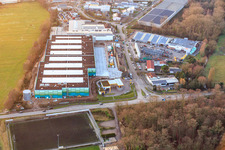 Aerial view of New construction of the logistics park by HANSAINVEST and DFI-Real-Estate for FRISCHEPLATTFORM SÜDWEST of Gemüsering Stuttgart GmbH in the district Minderslachen in Kandel in the state Rhineland-Palatinate, Germany