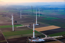 Aerial photograpy of Giant crane for the repowering of the wind farm Minfeld. JUWI is replacing four old turbines (GE 1.5) from 2004 with two new, modern Vestas V162 turbines, each with six MW. in Minfeld in the state Rhineland-Palatinate, Germany