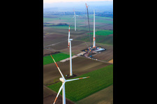 Giant crane for the repowering of the wind farm Minfeld. JUWI is replacing four old turbines (GE 1.5) from 2004 with two new, modern Vestas V162 turbines, each with six MW. in Minfeld in the state Rhineland-Palatinate, Germany out of the air