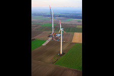 Giant crane for the repowering of the wind farm Minfeld. JUWI is replacing four old turbines (GE 1.5) from 2004 with two new, modern Vestas V162 turbines, each with six MW. in Minfeld in the state Rhineland-Palatinate, Germany seen from above