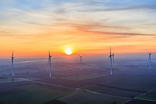 Aerial view of Sunset at the wind farm Freckenfeld in Freckenfeld in the state Rhineland-Palatinate, Germany