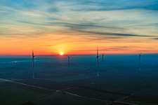 Oblique view of Sunset at the wind farm Freckenfeld in Freckenfeld in the state Rhineland-Palatinate, Germany