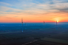 Sunset at the wind farm Freckenfeld in Freckenfeld in the state Rhineland-Palatinate, Germany from above