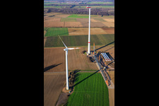 Drone image of Giant crane for the repowering of the wind farm Minfeld. JUWI is replacing four old turbines (GE 1.5) from 2004 with two new, modern Vestas V162 turbines, each with six MW. in Minfeld in the state Rhineland-Palatinate, Germany