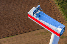 Aerial view of Repowering of the wind farm Minfeld. JUWI is replacing four old turbines (GE 1.5) from 2004 with two new, modern Vestas V162 turbines, each with a capacity of six MW. in Minfeld in the state Rhineland-Palatinate, Germany