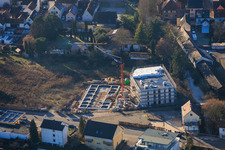 Aerial view of Construction site for apartment buildings on Neue Landstraße in Rülzheim in the state Rhineland-Palatinate, Germany