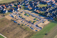 Oblique view of New development area "In den Kieseläckern II" under development in Herxheimweyher in the state Rhineland-Palatinate, Germany
